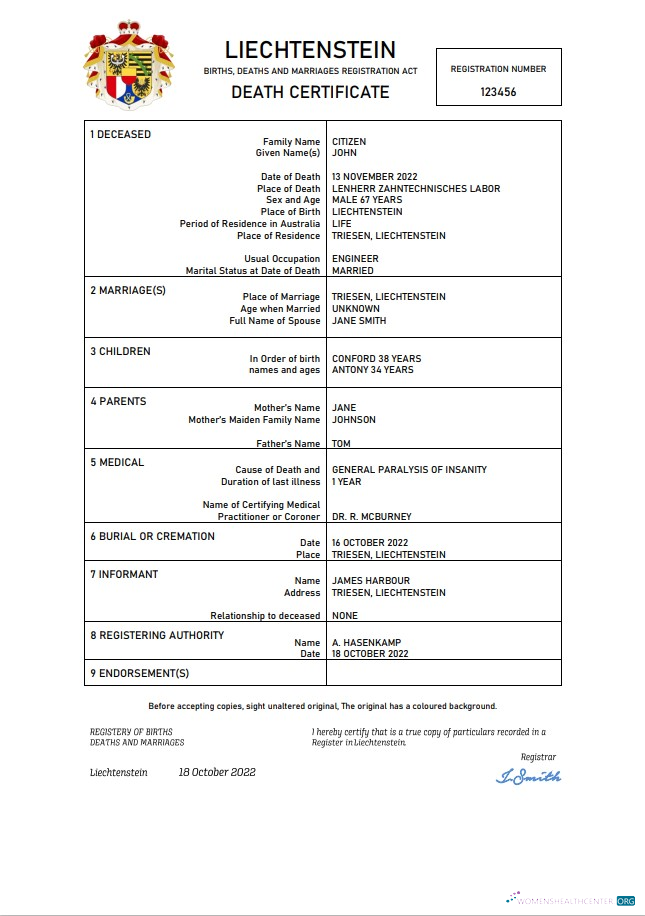 Download Liechtenstein vital record death certificate Word and PDF template Photoshop template